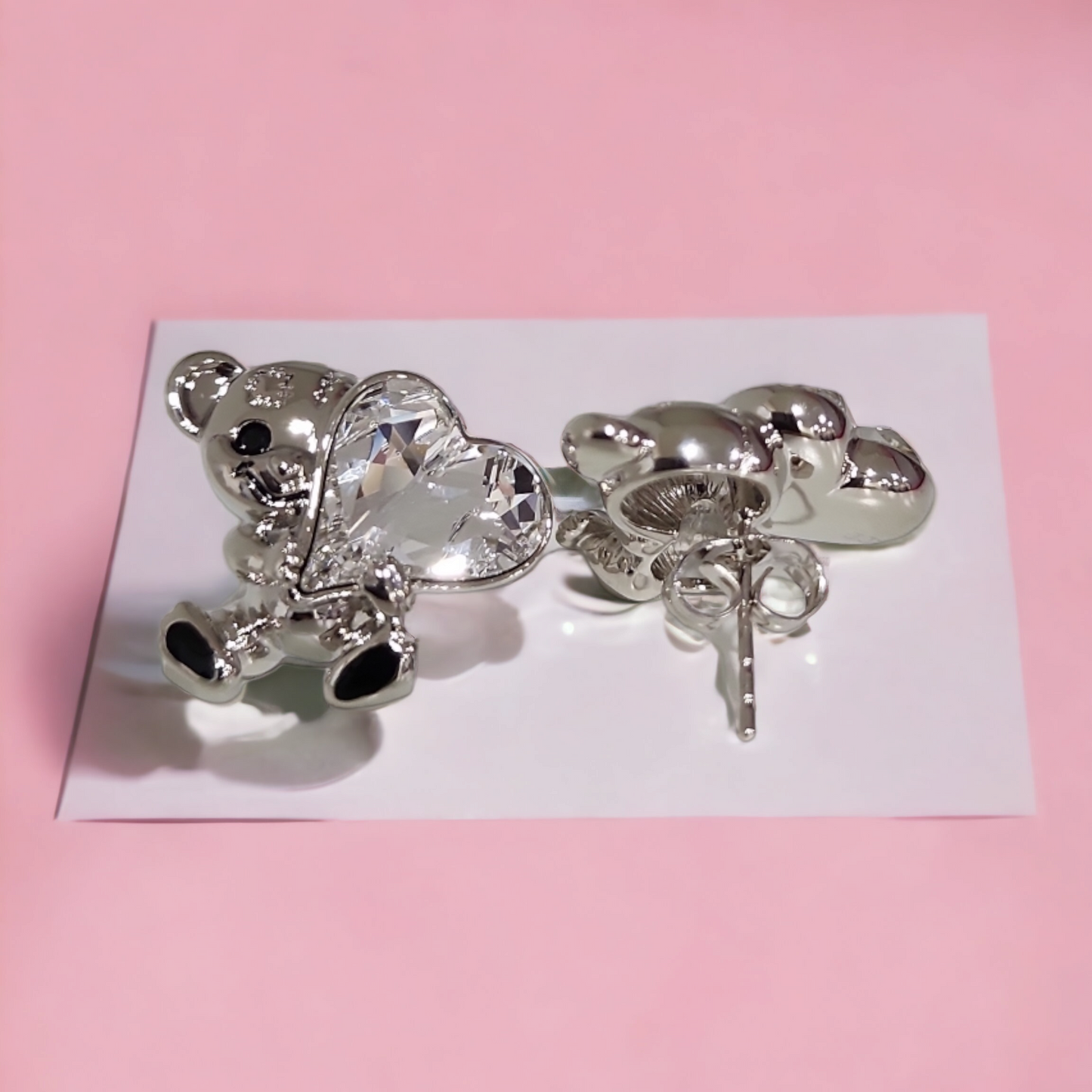 White Heart Bear Medium Size Stud Earrings