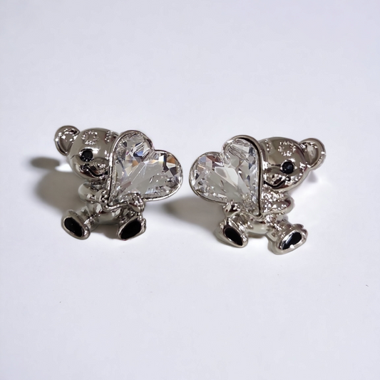 White Heart Bear Medium Size Stud Earrings