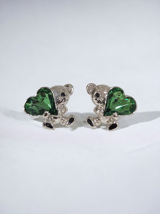 Green Heart Bear Stud Earrings